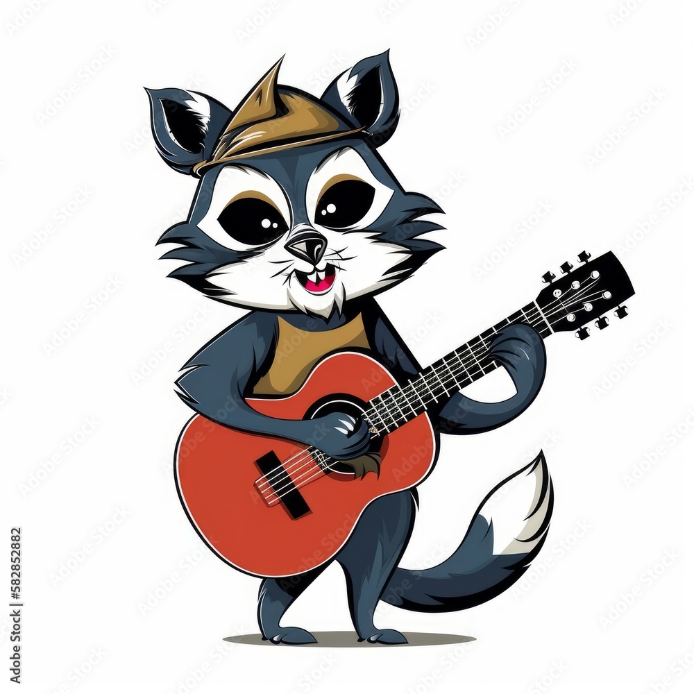  Cartoon Styled Raccoon Playing on Guitar, White Background, Generative AI