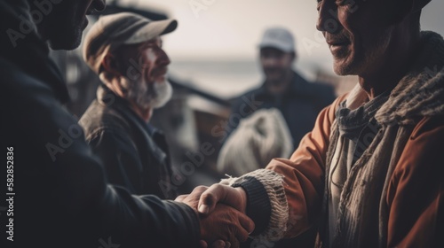 A Promise Sealed: Fishermen Shaking Hands in Partnership, handshake, generative ai © nishihata