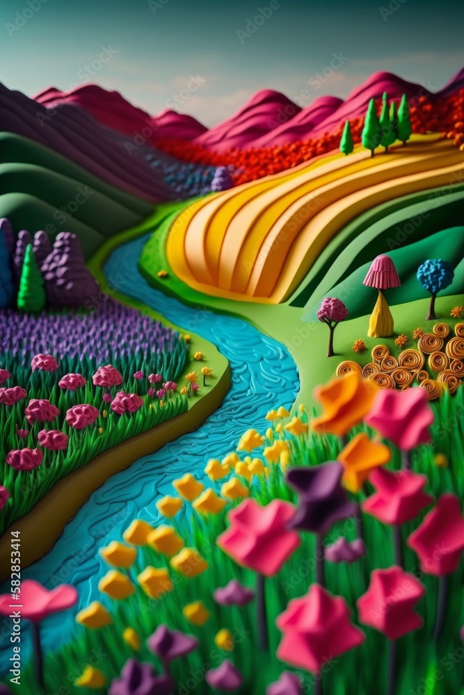 A fun and colorful landscape made from clay. Generative AI. 