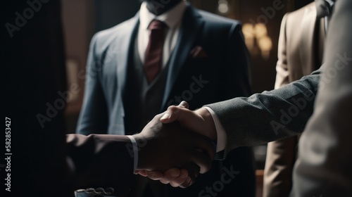 multiethnic businesswoman and businessman shaking hands closeup with blurred colleagues on the background office hall - business life style concept, GENERATIVE AI