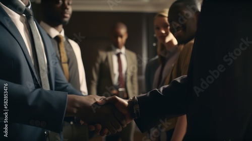 multi-ethnic group business partner handshake concept Colleagues shaking hands Successful deal after a great meeting. Blurred background. GENERATIVE AI