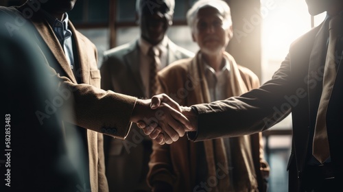 multi-ethnic group business partner handshake concept Colleagues shaking hands Successful deal after a great meeting. Blurred background. GENERATIVE AI ©  freeprompt