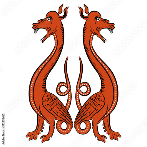 Symmetrical animal design with two fantastic medieval dragons. Illuminated manuscript style. Red and black silhouettes on white background. Isolated vector illustration.