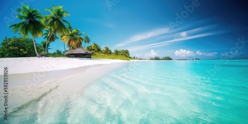 Tropical vacation. Desert island paradise in the Maldives. Sandy beach with palm trees and crystal blue water. © Fox Ave Designs