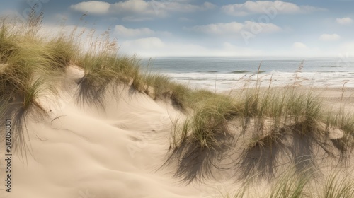 Beautiful sunny sand dunes at the shore. Ocean sea landscape on the beach with calming waves.