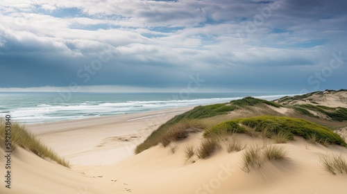 Beautiful sunny sand dunes at the shore. Ocean sea landscape on the beach with calming waves.