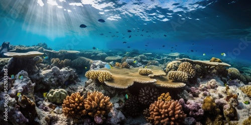 Tropical ocean underwater sea. Snorkeling with coral reefs and schools of colorful fish.