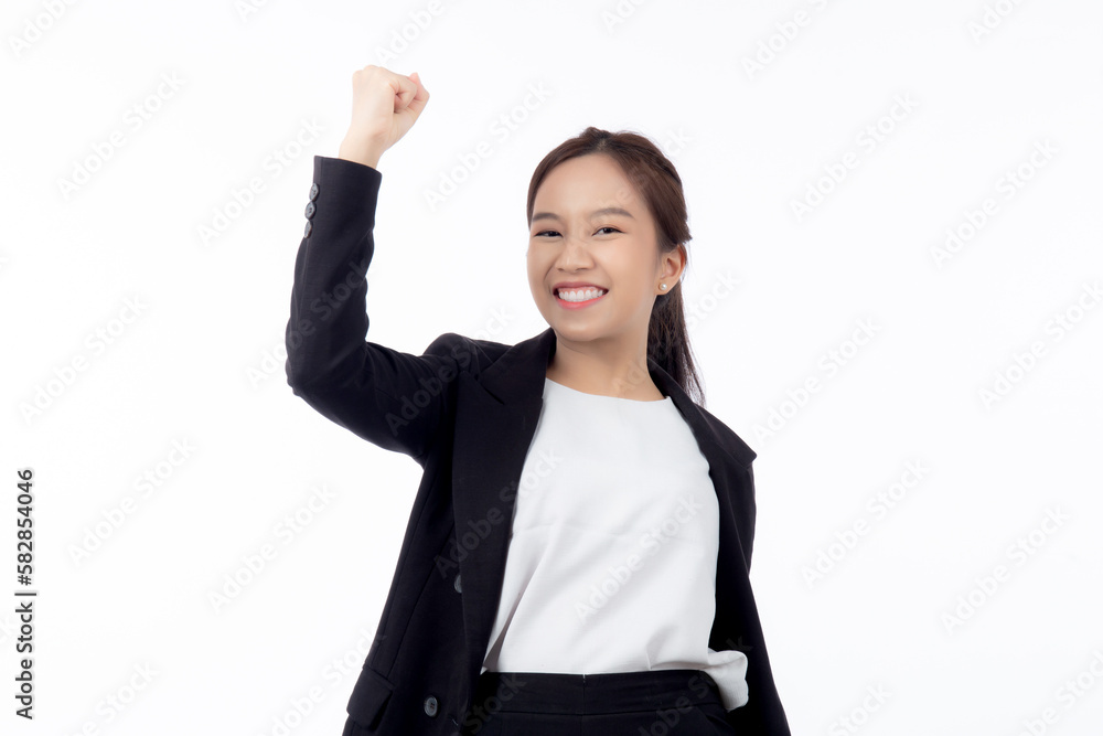 Portrait beautiful businesswoman in suit standing with glad and success isolated on white background, young asian business woman is manager or executive smile with confident and excited for victory. Portrait beautiful businesswoman in suit standing with glad and success isolated on white background, young asian business woman is manager or executive smile with confident and excited for victory.