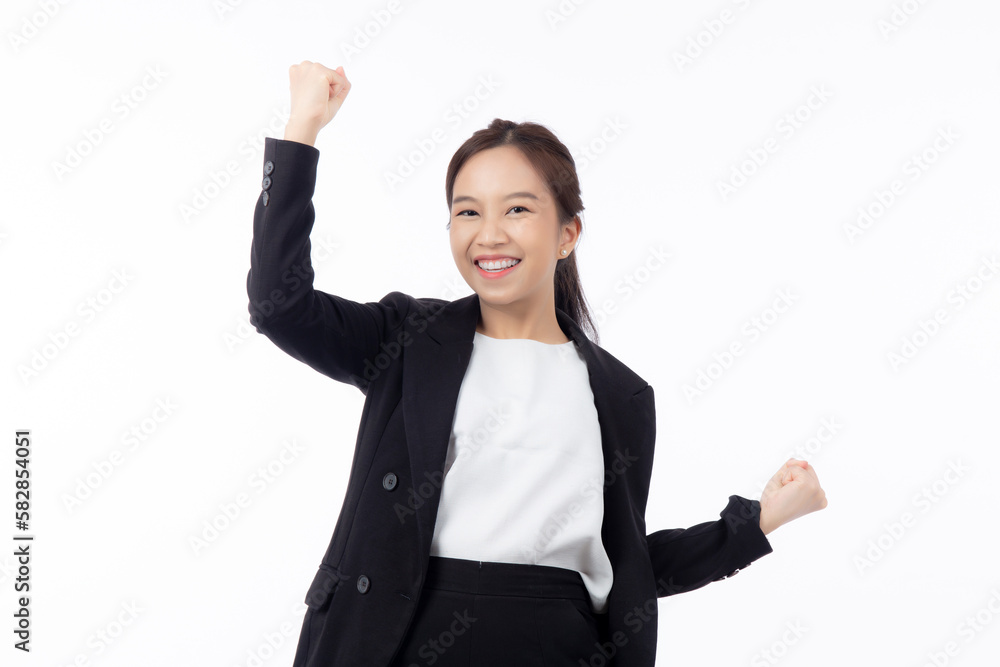 Portrait beautiful businesswoman in suit standing with glad and success isolated on white background, young asian business woman is manager or executive smile with confident and excited for victory. Portrait beautiful businesswoman in suit standing with glad and success isolated on white background, young asian business woman is manager or executive smile with confident and excited for victory.