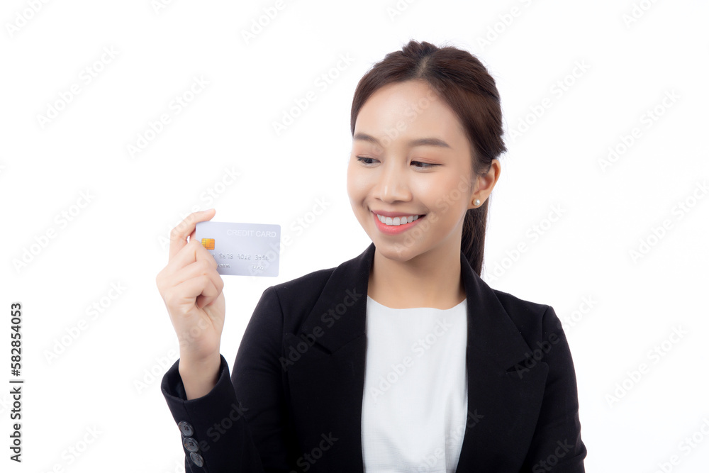 Portrait beautiful young asian business woman hold credit card or debit card for shopping payment and transaction with financial isolated white background, businesswoman showing atm, finance concept. Portrait beautiful young asian business woman hold credit card or debit card for shopping payment and transaction with financial isolated white background, businesswoman showing atm, finance concept.