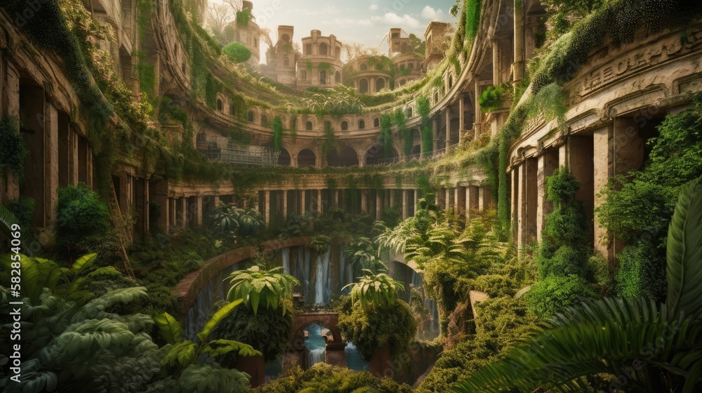 Ancient Hanging Gardens of Babylon. Plants and waterfalls in ancient temple.