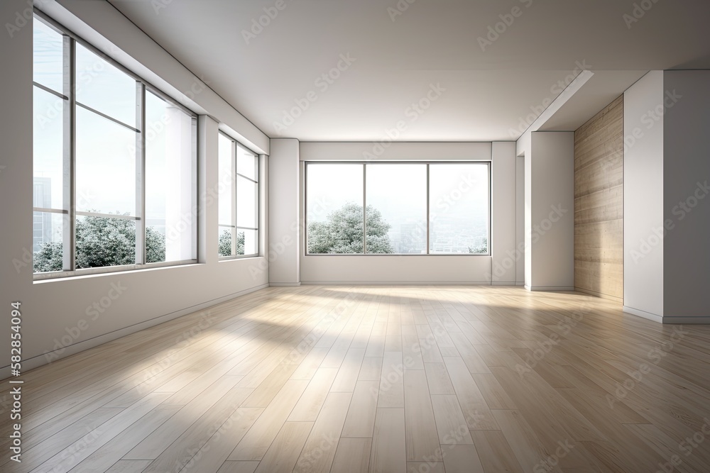 Interior Design of an Empty Room with a White Door, a Window Opposite, a Large Full Wall Window, and Light Parquet Flooring. 7680x5760 with Work Path on Windows. Generative AI Interior Design of an Empty Room with a White Door, a Window Opposite, a Large Full Wall Window, and Light Parquet Flooring. 7680x5760 with Work Path on Windows. Generative AI