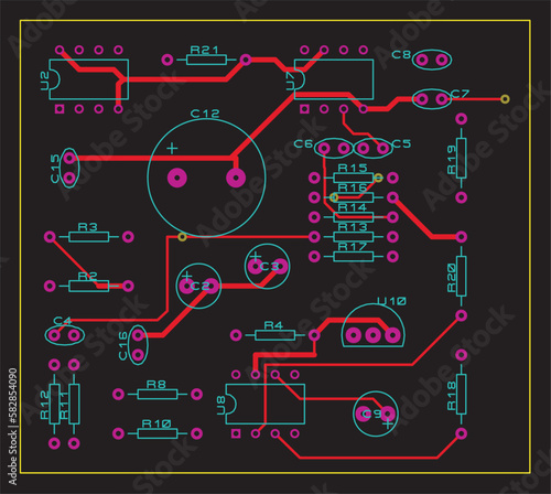 A printed circuit board of an electronic device with
components of radio elements, conductors and 
contact pads placed on it. Vector 
engineering drawing of a pcb. Top layer.