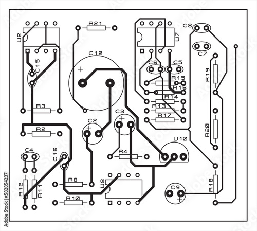 A printed circuit board of an electronic device with
components of radio elements, conductors and 
contact pads placed on it. Vector 
engineering drawing of a pcb.  Bottom layer.