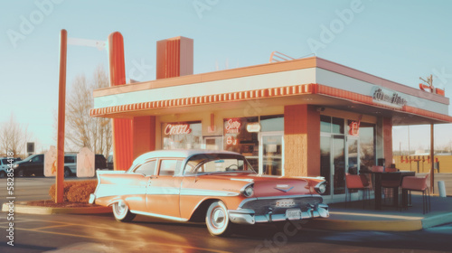 Bask in the sunshine at a classic 1950s American diner with pin-up style, featuring nostalgic neon signs, vintage décor, With Retro Cars . Generative AI