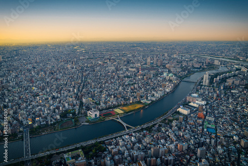Photography Tokyo urban skyline rooftop view and river