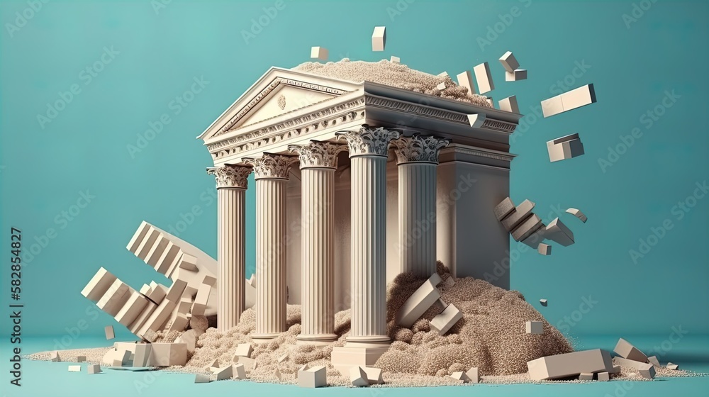 Banking Meltdown Dramatic Collapse of a Bank Building Concept to