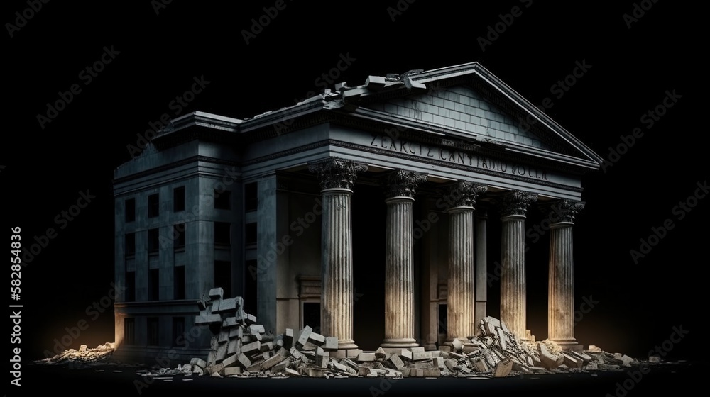 Banking Meltdown Dramatic Collapse of a Bank Building Concept to