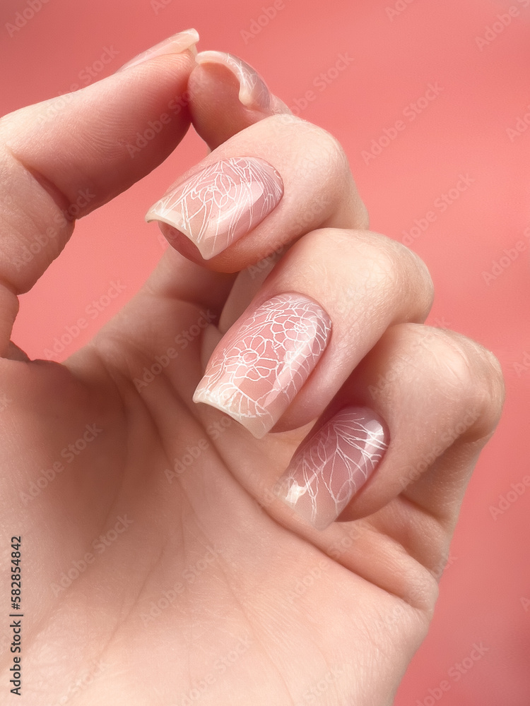 Gentle neat manicure on female hands on a background of dry flowers. Gentle neat manicure on female hands on a background of dry flowers.