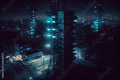 5G technology concept in the city of the future. Beautiful aerial panorama of modern skyscrapers, streets and traffic all in glittering lights on the night. . High quality illustration