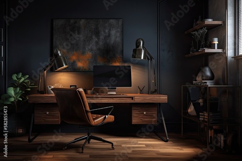 Modern, fashionable, dark home office workstation with a mock up of a PC computer on a wood table in front of a black wall, a vintage brown leather chair, and other home furnishings. Generative AI