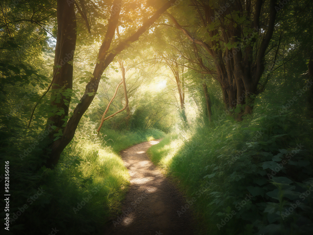 Naklejka premium peaceful forest pathway, sun rays illuminating nature, tranquil scenery, woodland exploration, generative AI