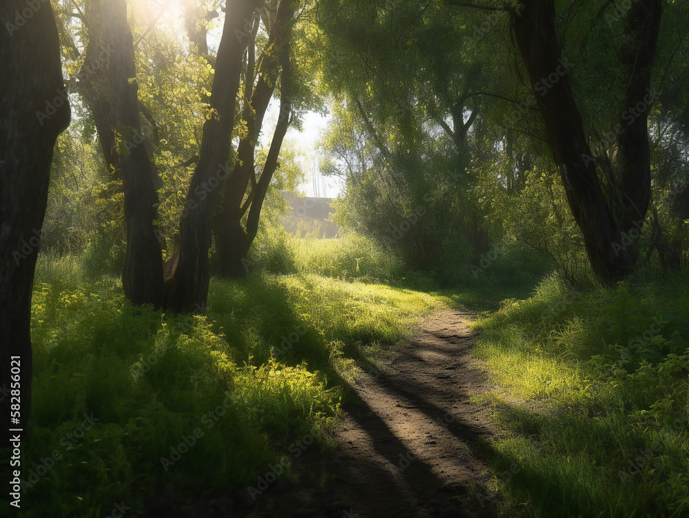 Fototapeta premium beautiful sunlit forest trail, calming natural environment, tranquility in the woods, sunlight and shadows, generative AI