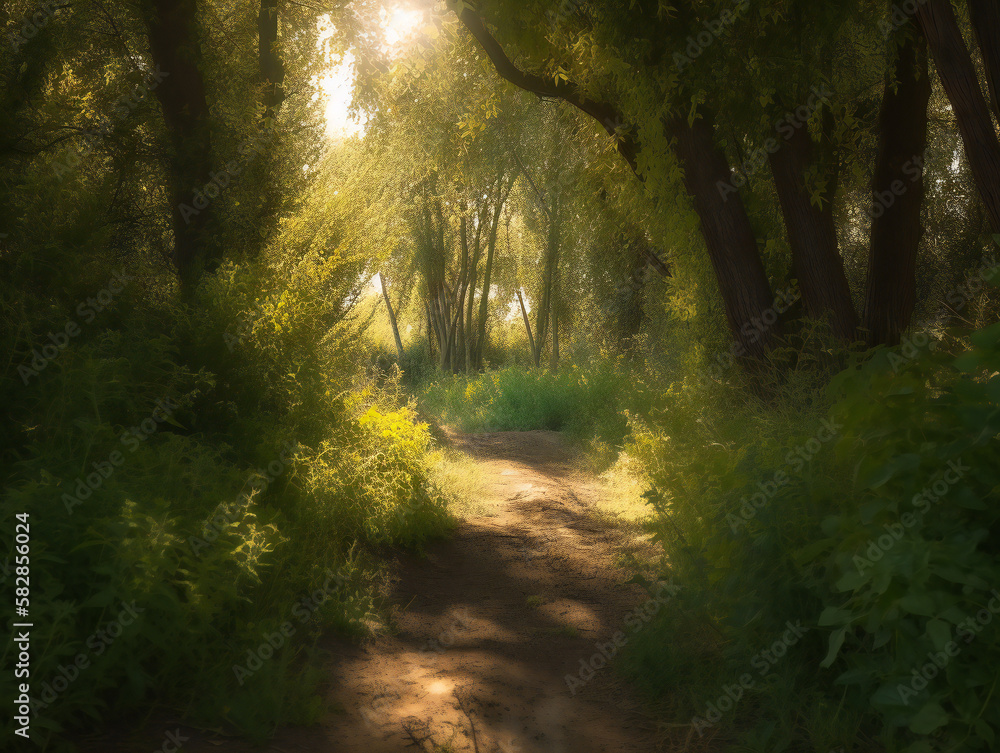 beautiful sunlit forest trail, calming natural environment, tranquility in the woods, sunlight and shadows, generative AI