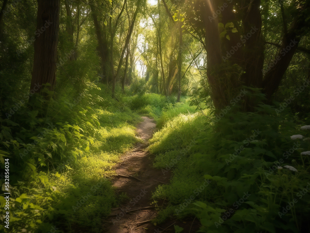 tranquil forest path, sunbeams and nature, peaceful woodland escape, harmonious outdoor scene, generative AI