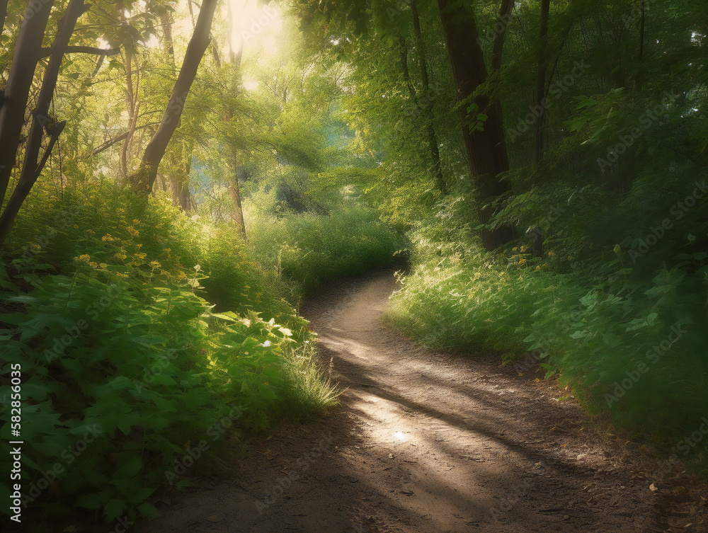 Fototapeta premium tranquil forest path, sunbeams and nature, peaceful woodland escape, harmonious outdoor scene, generative AI