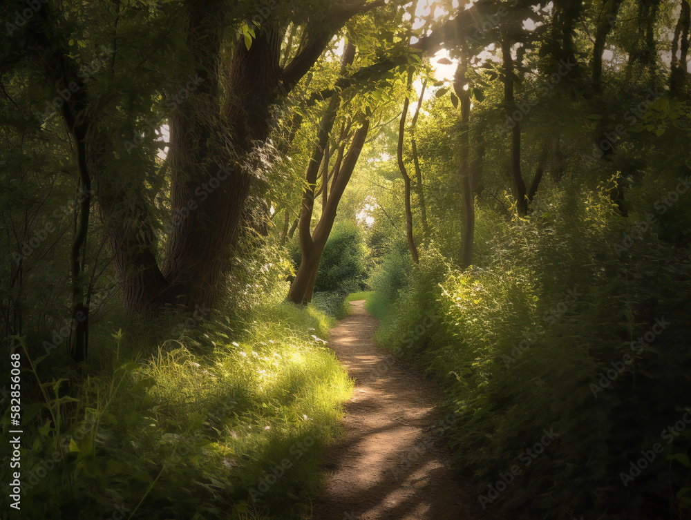 sun-dappled forest pathway, quiet nature sanctuary, serene woodland landscape, sunlight through leaves, generative AI