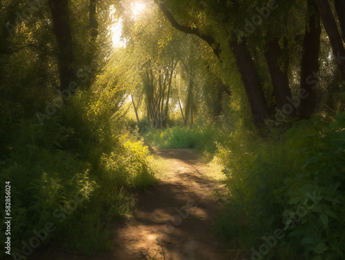 beautiful sunlit forest trail, calming natural environment, tranquility in the woods, sunlight and shadows, generative AI