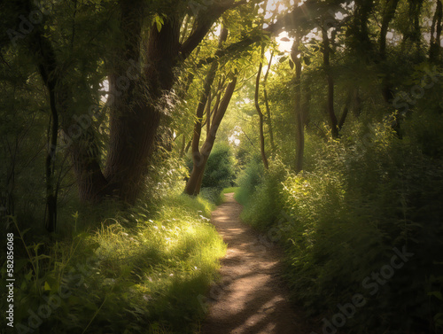 sun-dappled forest pathway, quiet nature sanctuary, serene woodland landscape, sunlight through leaves, generative AI