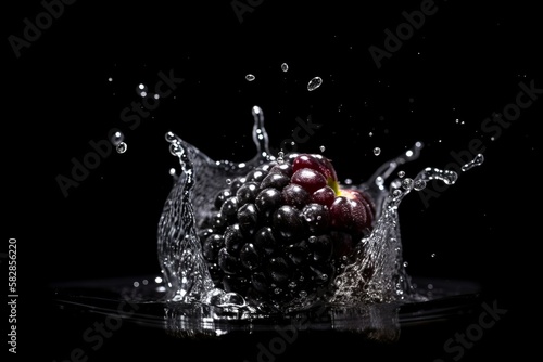 Blackberry on black background. Fruit with water drops. Generate Ai