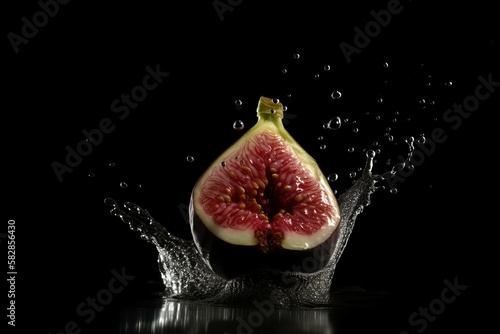 Fig on black background. Fruit with water drops. Generate Ai