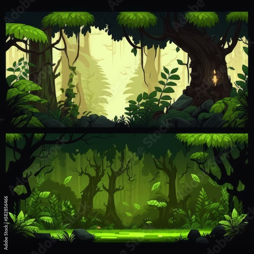 Game 2d platformer background set in cartoon style. Forest magic world. Generate Ai