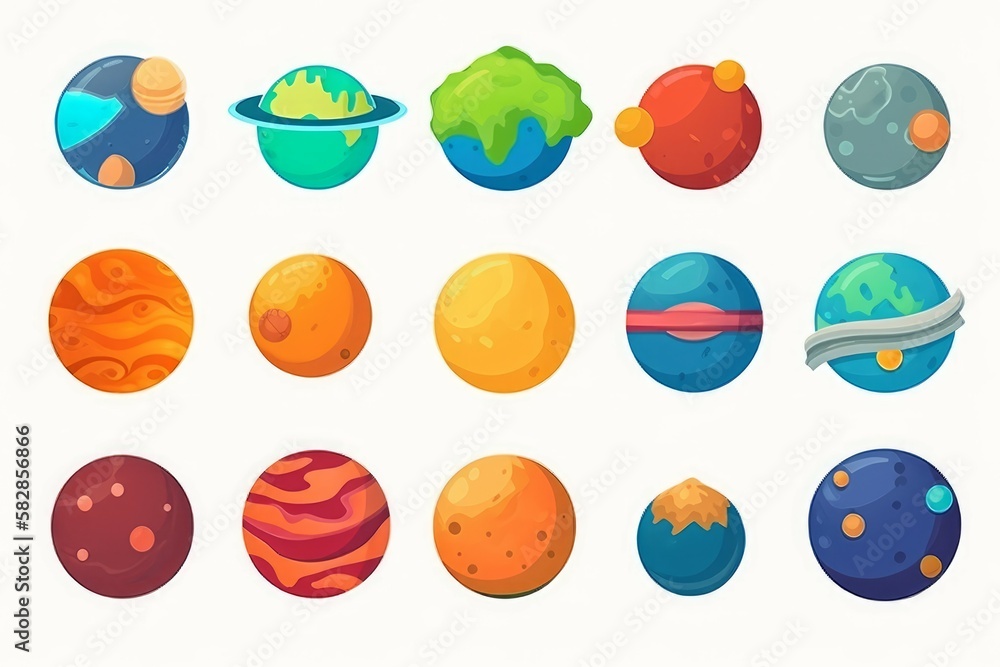 Fototapeta premium Planet game set in cartoon style isolated on white background. Generate Ai