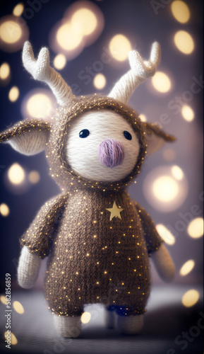 New Year dressed up toy deer for children, decorative knitted toy. Created with artificial intelligence.