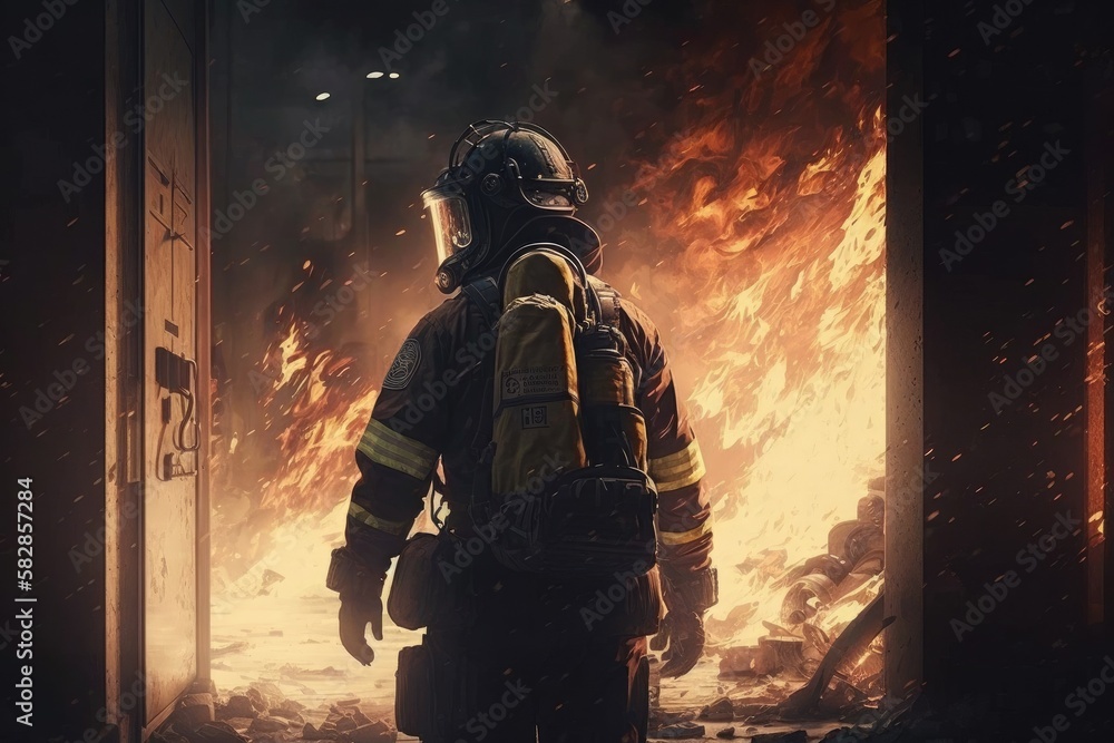 Firefighter searching for possible survives. Generative AI Firefighter searching for possible survives. Generative AI