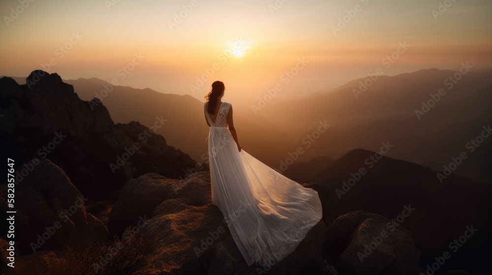 woman bride at top of mountain, generative ai