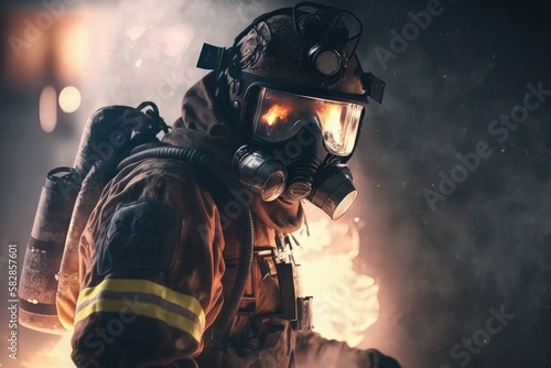 Firefighter searching for possible survives. Generative AI   © ChaoticMind