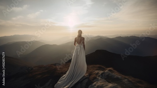 woman bride at top of mountain, generative ai