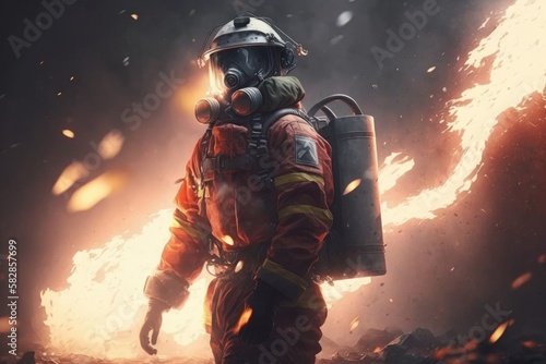 Firefighter searching for possible survives. Generative AI  