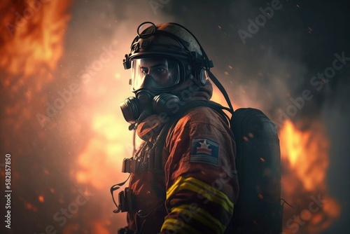 Firefighter searching for possible survives. Generative AI