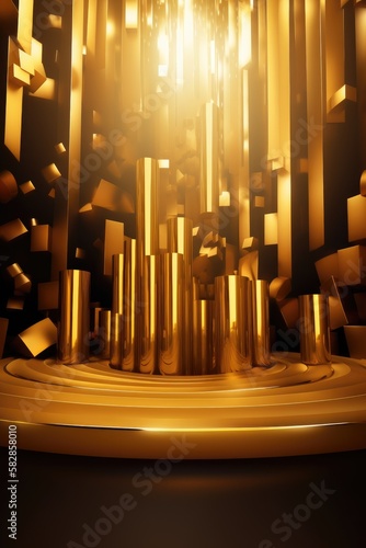 Gold podium color 3D background with geometric shapes for product presentation minimal style, stage.