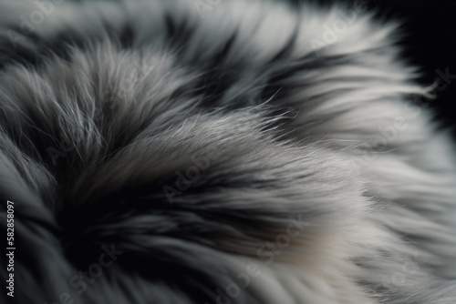 Beautiful natural fur of gray wolf, macro closeup of fluffy animal hair for background design. Generative AI. 