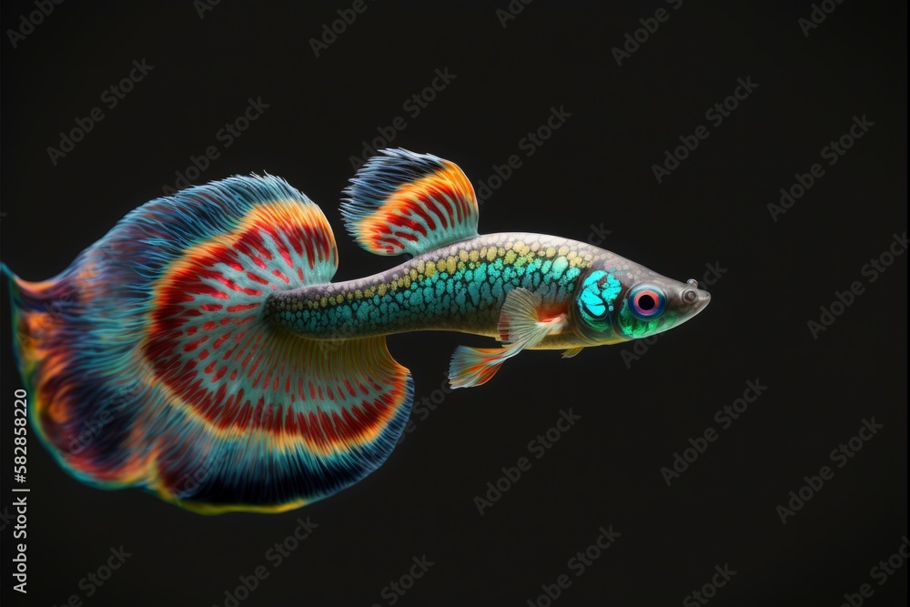 Fototapeta premium exotic fish on black, isolated rainbow colorful copy space, generative ai