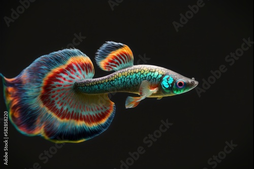 exotic fish on black, isolated rainbow colorful copy space, generative ai