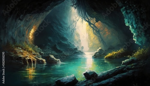 Photo A beautiful mystical underground cavern with blue water and golden light rays