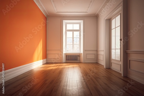 Frontal view of a lovely empty room corner sans furniture. 8K Ultra HD  7680x4320 interior concept with orange walls  white ceiling  wooden parquet flooring  and a white plinth. Generative AI